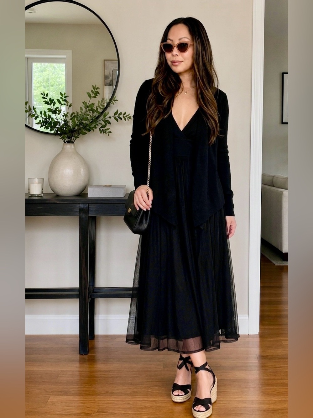 360 Cashmere Black Open-Front Draped Cardigan